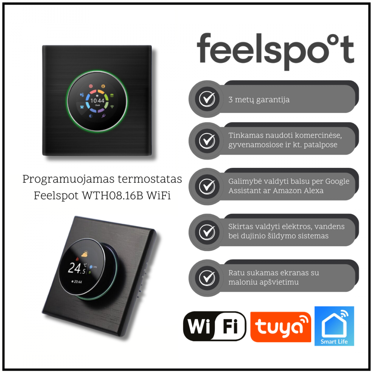 Programuojamas termostatas Feelspot WTH08.16B WiFi, baltas, Tuya, Smart Life Programuojamas termostatas Feelspot WTH08.16B WiFi, baltas, Tuya, Smart Life